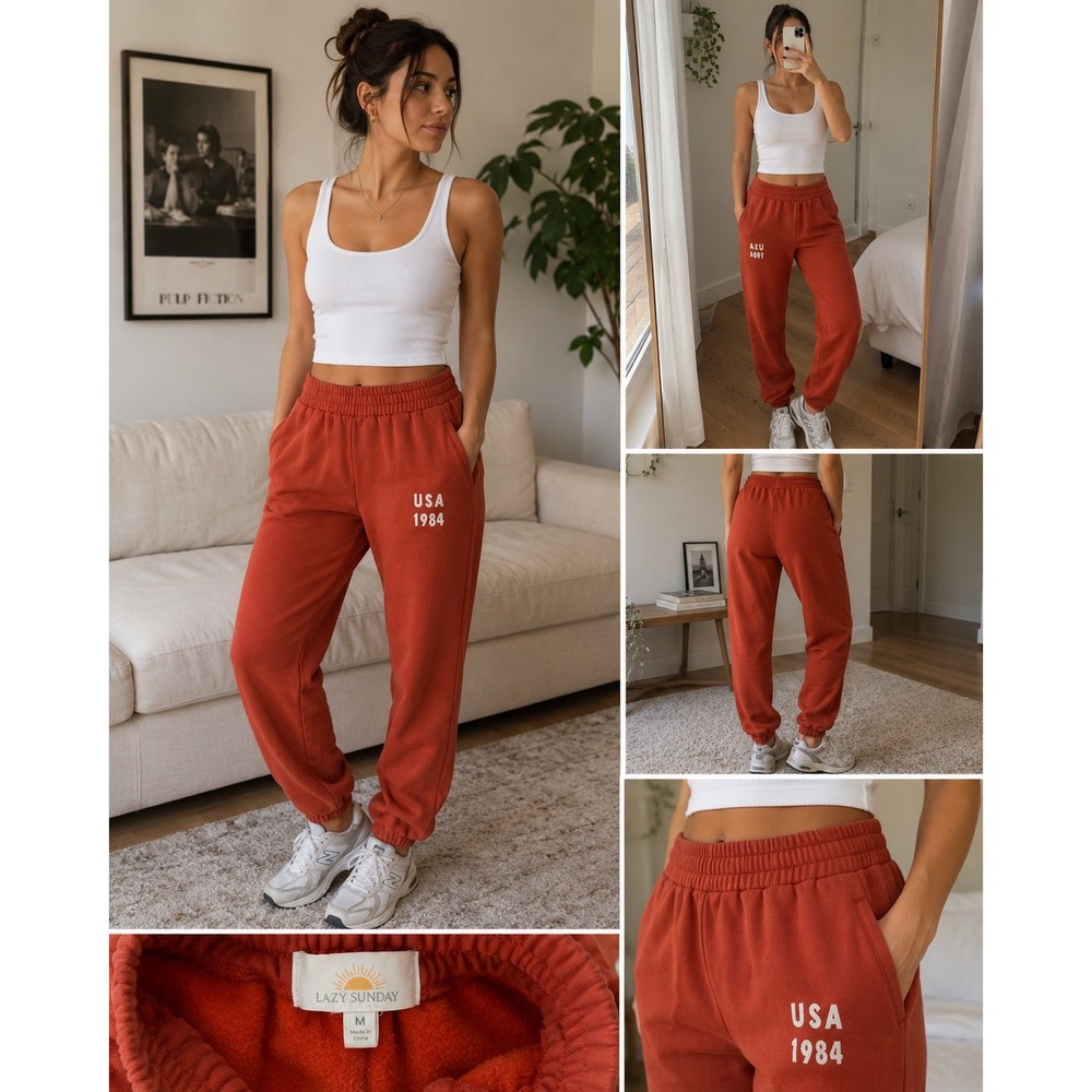 Lazy Sunday USA 1984 Rust Orange Fleece Lined Jogger Sweatpants Medium